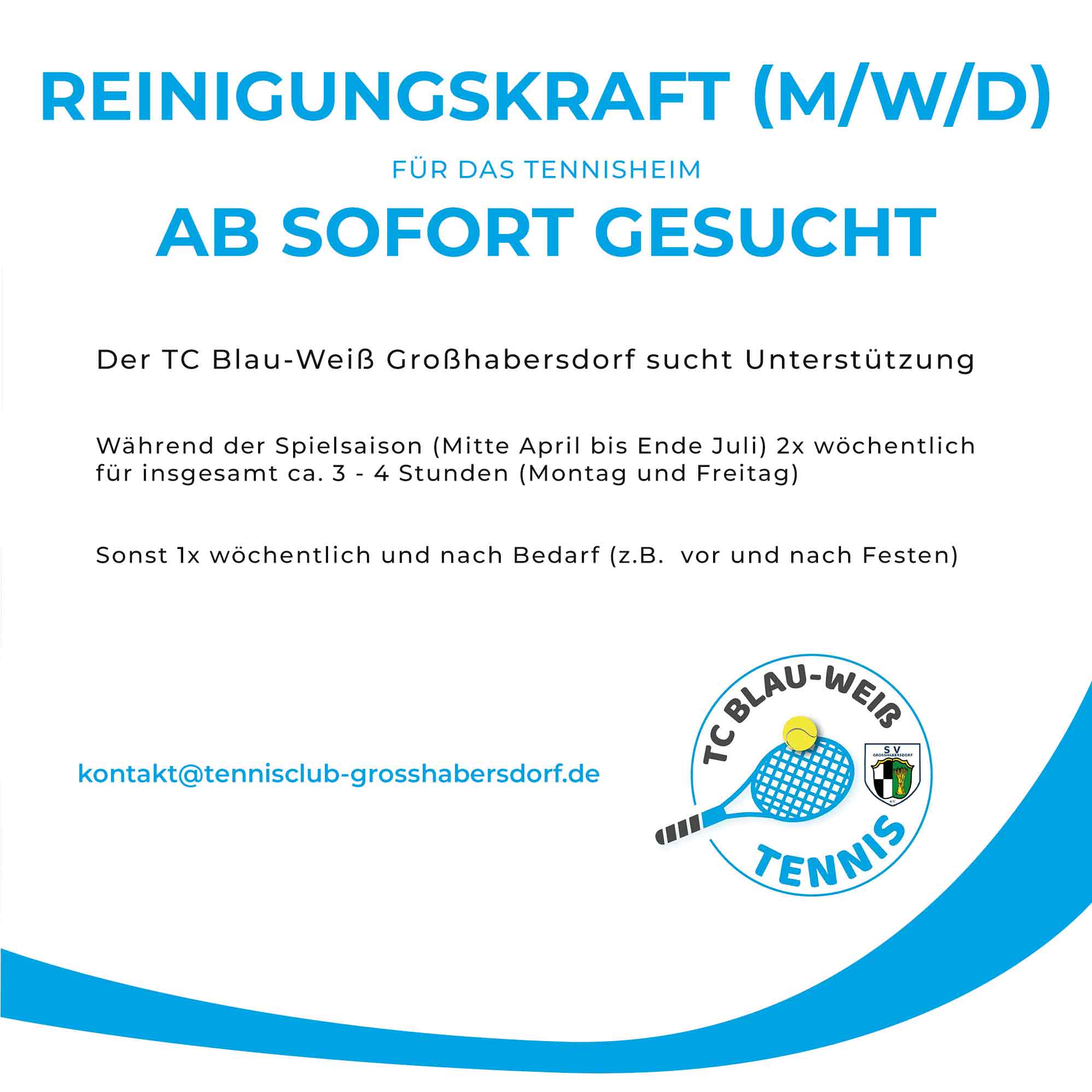 Reinigungskraft (M/W/D) für das Tennisheim gesucht